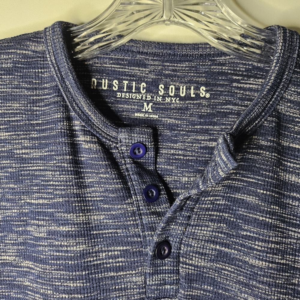 Rustic Souls Heather Blue Henley Shirt Mens Medium Long Sleeve Casual Knit Top - Picture 4 of 8